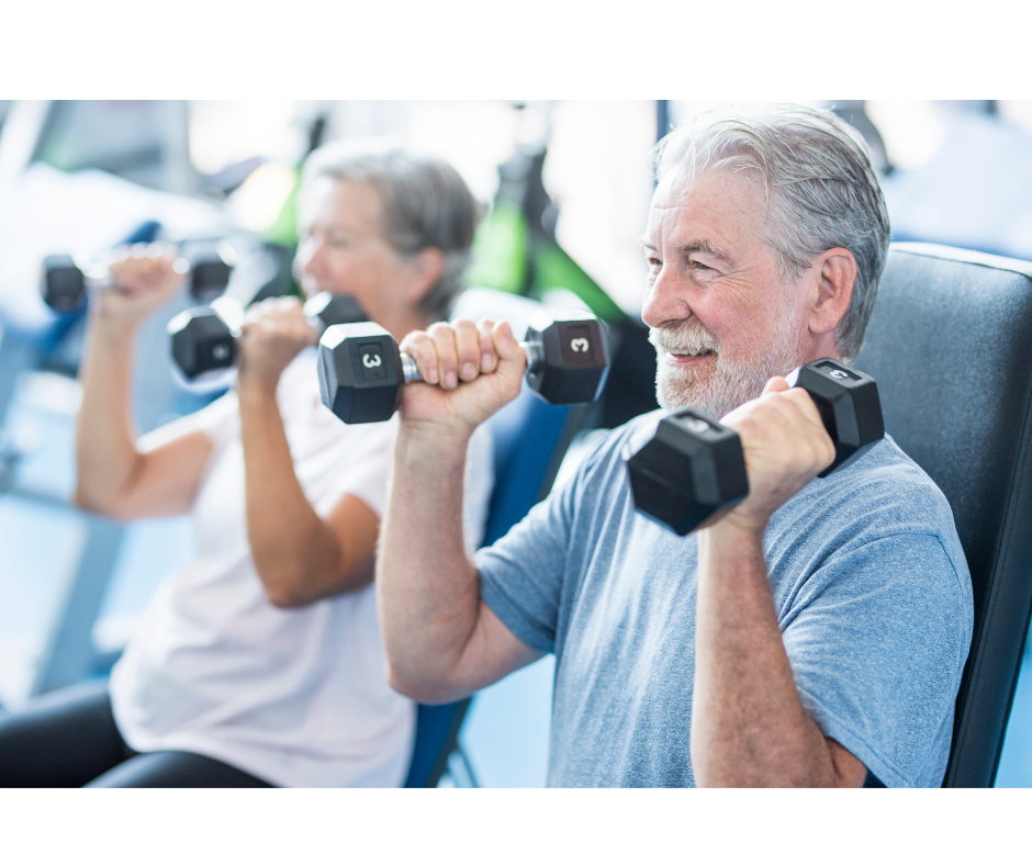 Senior couple lifts dumbbells